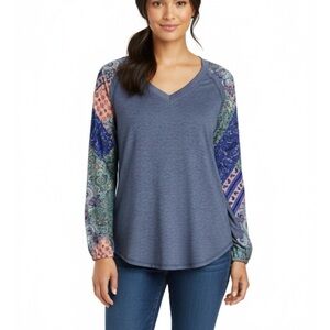 Patchwork Sleeve Loose Fit Top, Women's Small, Multicolor